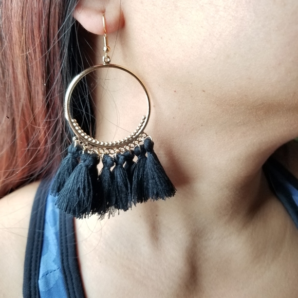 Boho Tassel Statement Earrings Black Festival - Picture 2 of 7